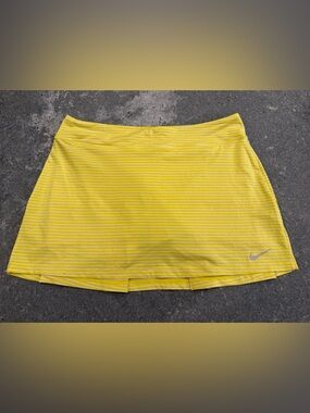 Nike Yellow and White Striped Tennis Skort with Silver Swoosh
